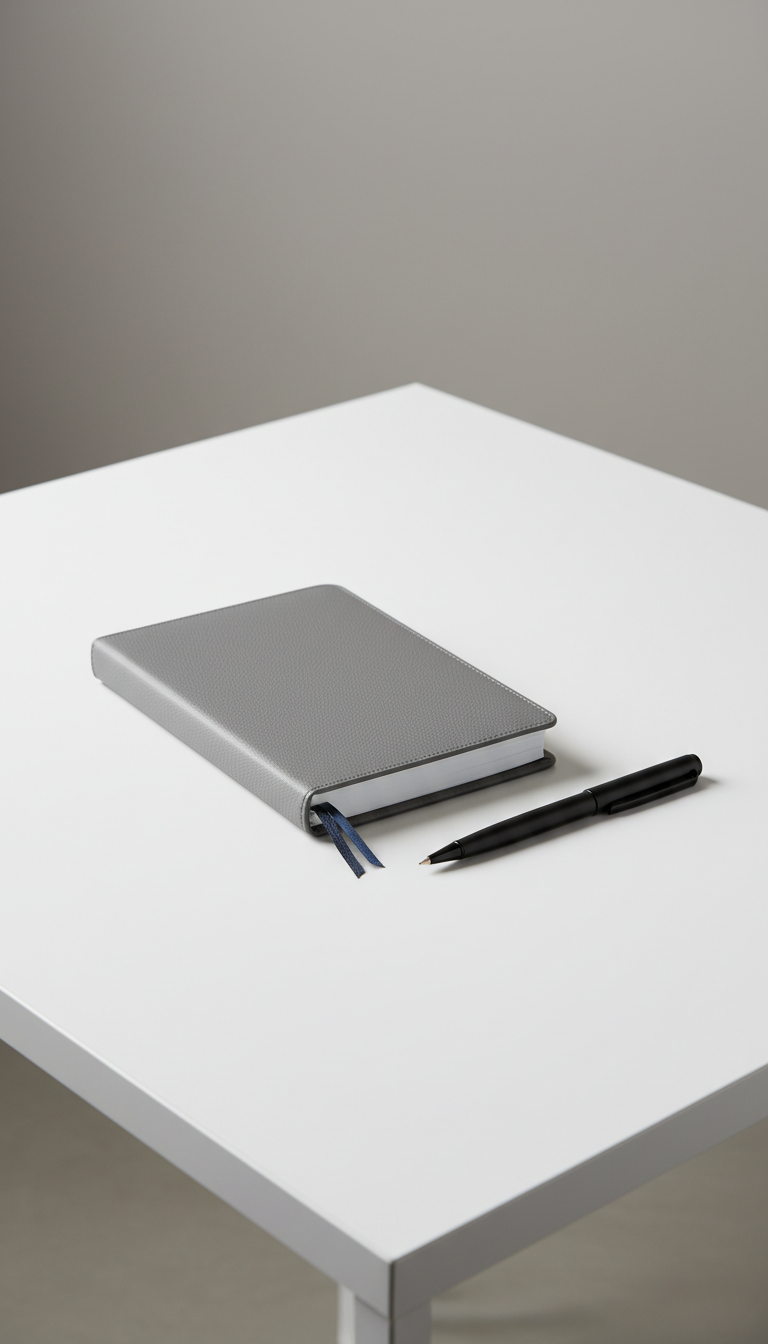 A sleek, closed hardcover journal with a smooth, textured ash-grey leather cover and a thin ribbon marker, positioned with a matte black pen beside it on a seamless matte white workspace. The desk surface is crisp and uncluttered, with clean geometric lines and a minimal, neutral backdrop. Soft studio lighting evenly fills the scene, casting graceful, precise shadows and subtle highlights that enhance the textures. Framed with a centered composition and shallow depth of field, this image conveys professionalism, clarity, and focus—ideal for motivating thoughtful reflection and practical planning on a personal development site.