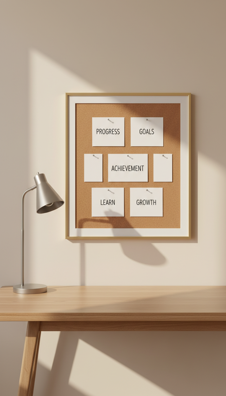 An elegantly framed corkboard with neatly pinned crisp white note cards, each featuring handwritten words like 'Achievement' and 'Goals' in clean, minimalist typography. The board stands against a pale sand-colored wall atop a minimalist oak desk with refined edges, flanked by an angular metal lamp with a brushed steel finish switched off. Subdued natural daylight bathes the space, giving gentle shadows and a calming, focused energy. Photographed from a slightly elevated angle, the balanced and structured layout reflects a modern corporate aesthetic, serving as an inspiring visual metaphor for organizing personal development strategies.