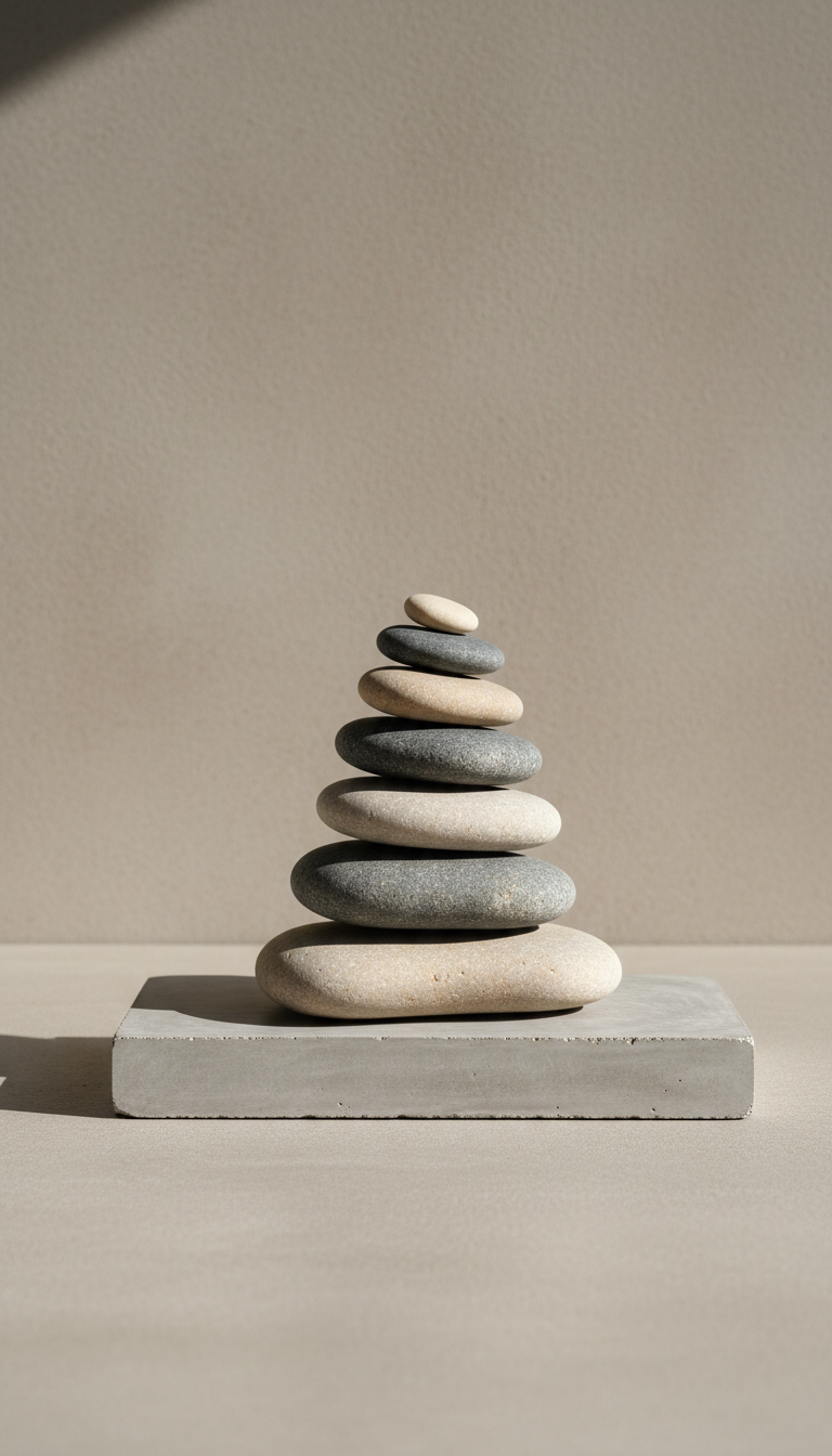 A meticulously arranged stack of smooth river stones in neutral shades of grey and beige, resting atop a refined slab of matte concrete. The stones are carefully balanced with subtly varying textures, each layer supporting the one above. The background is an uncluttered, light taupe wall with clean lines, and a delicate shadow is cast along the surface. Diffused daylight from the side streams in, producing soft highlights and understated contrast, creating a tranquil and orderly mood. Captured at eye level with sharp focus throughout, this photographic realism emphasizes harmony and stability, complementing the site's professional, motivational theme on personal growth.