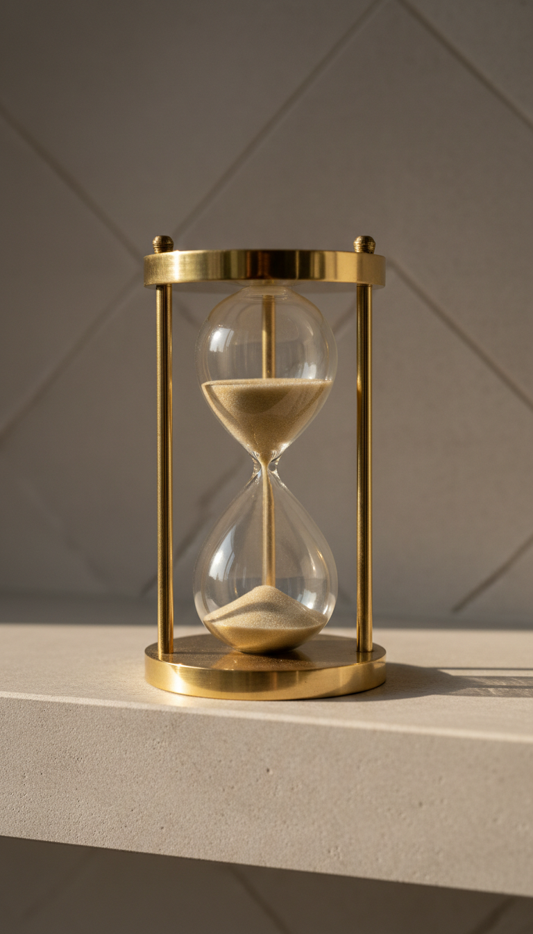 A finely crafted brass hourglass with clear glass and soft golden sand gently drifting through its center, placed upon a pristine light-grey stone shelf. The setting includes a faintly patterned neutral wall in the distance, creating a sense of calm order. Natural afternoon light enters from the left, illuminating the hourglass and setting off subtle gleams on its brass frame while casting a clean-edged, delicate shadow. Captured from a low-angle perspective, the composition is thoughtfully balanced, underscoring the passage of time and mindfulness—reinforcing the importance of patience and persistence in self-improvement with a professional, photographic finish.
